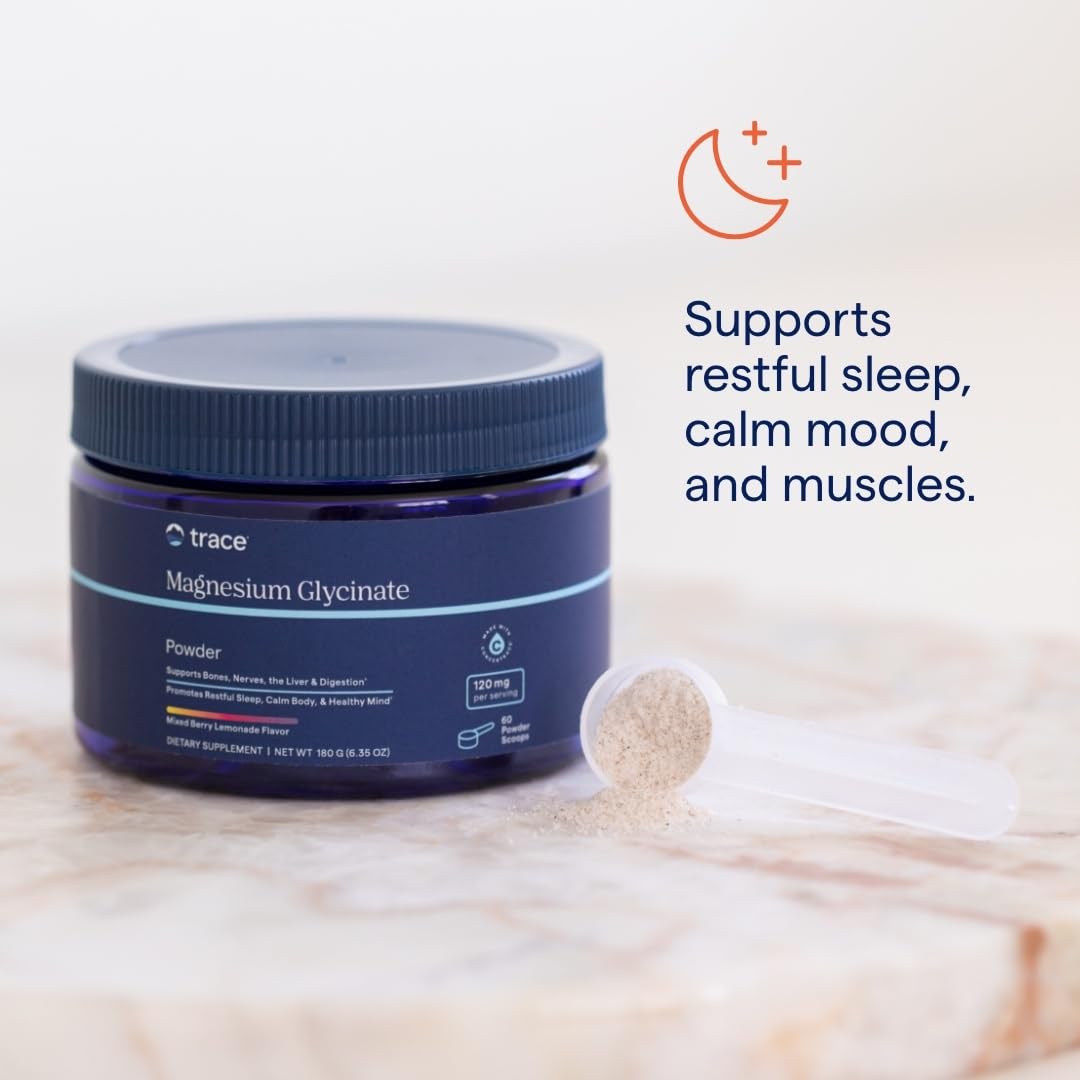 Trace Minerals Magnesium Glycinate Powder - Daily Magnesium Powder for Sleep Support - Calming Bedtime Drink - Natural & Gentle - Mixed Berry Lemonade - 180g (60 Servings) Trace MineralsAu supplements