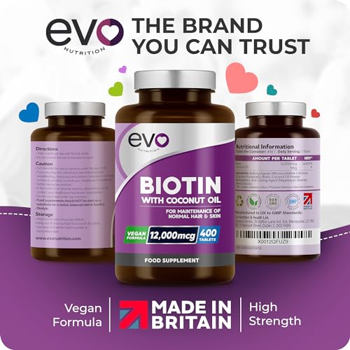 Biotin Hair Growth Supplement 12,000mcg with Coconut Oil | 400 High Strength Tablets EVO NUTRITIONUS supplements
