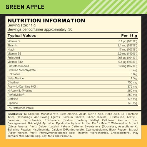 Optimum Nutrition Gold Standard Pre Workout Green Apple Flavoured Powder, 330g Optimum NutritionUS supplements