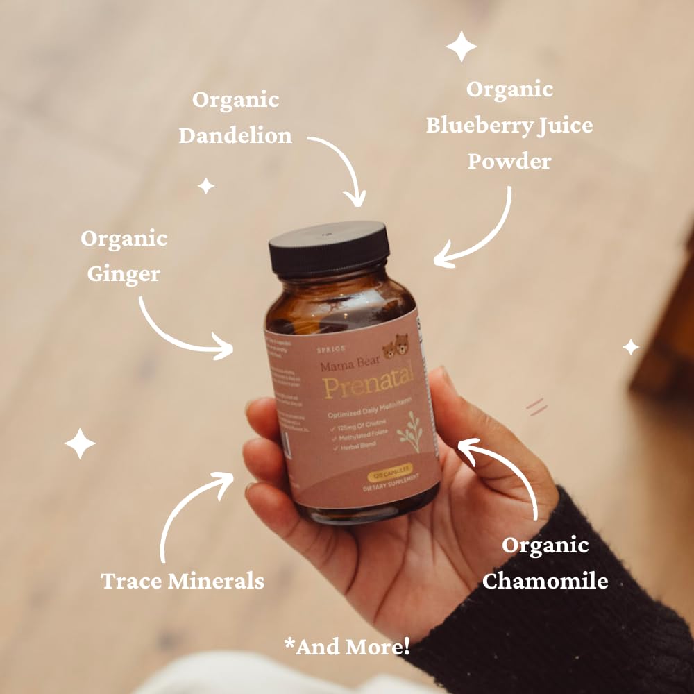 SPRIGS Mama Bear Prenatal Gold Multivitamin with Choline and Methylated Folate for Pregnancy Support Easy to Digest Prenatal Vitamins SPRIGSUS supplements