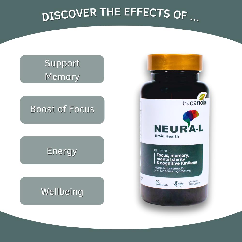 BY CARIOLA Neural-L Natural Brain Support Supplement 60 Caps - Mental Support – Memory Booster - Concentration - Natural Formula - Ashwagandha - L-Tyrosine - L-Theanine BY CARIOLAAu supplements