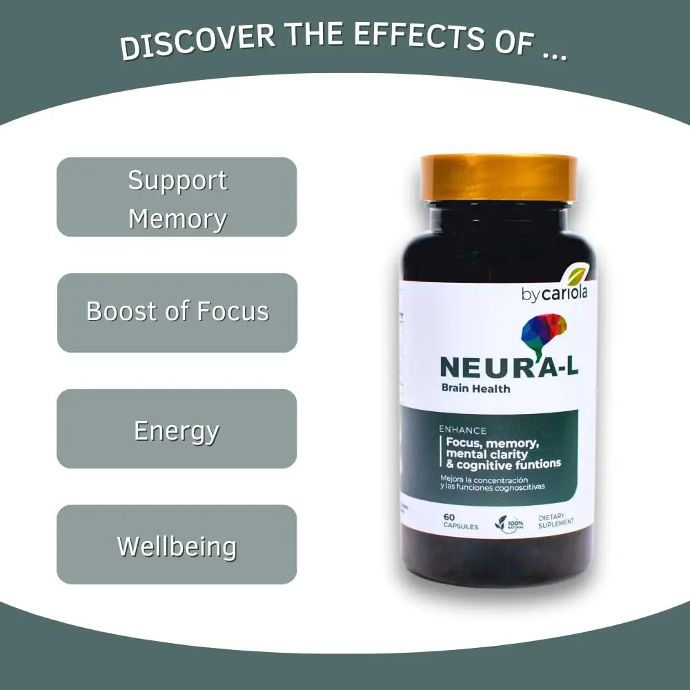 BY CARIOLA Neural-L Natural Brain Support Supplement 60 Caps - Mental Support – Memory Booster - Concentration - Natural Formula - Ashwagandha - L-Tyrosine - L-Theanine BY CARIOLAnz supplements