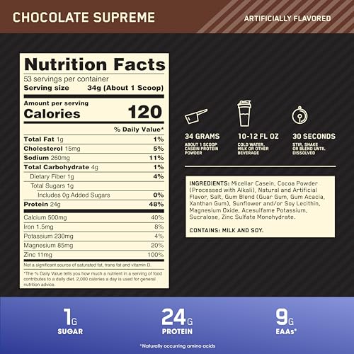 Optimum Nutrition Gold Standard 100% Casein Slow Digesting Protein Powder with Zinc Optimum NutritionUS supplements