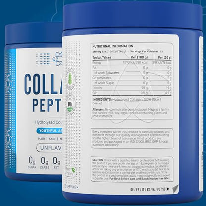 Applied Nutrition Collagen Peptides Powder - Hydrolysed Bovine Collagen Protein, Halal, Healthy Skin, Hair, Nails (Unflavoured) (300g - 15 Servings) Applied NutritionUS supplements