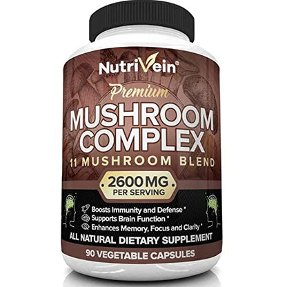 Nutrivein Mushroom Supplement - 2600mg - 90 Capsules - 11 Organic Mushrooms NutriveinUS supplements