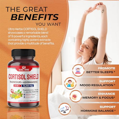 CORTISOL SHIELD 9 IN 1 - 15,250mg Magnesium + Ashwagandha with Phosphatidylserine ULTRA HERBSUS supplements