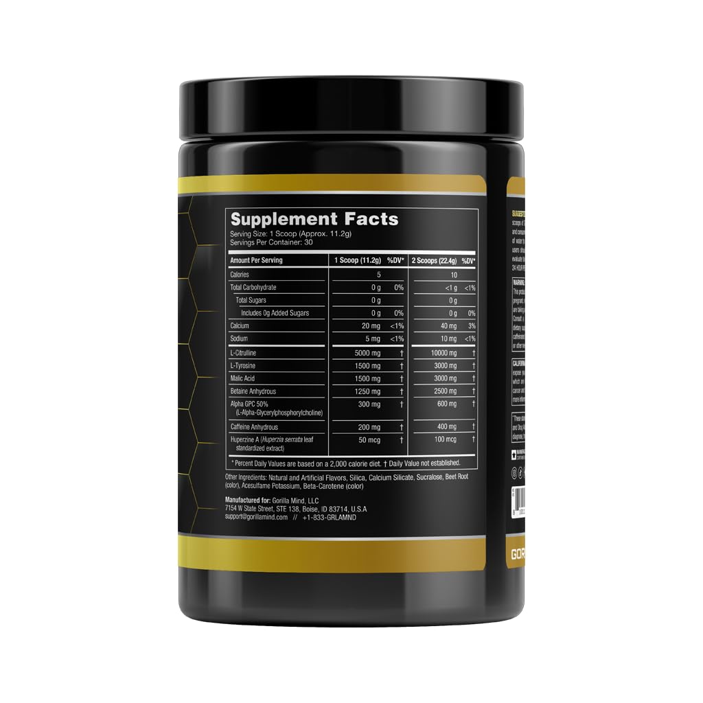Gorilla Mode Base Pre Workout - Raises Nitric Oxide · Intense Focus & Drive · Endurance Gorilla MindAu supplements