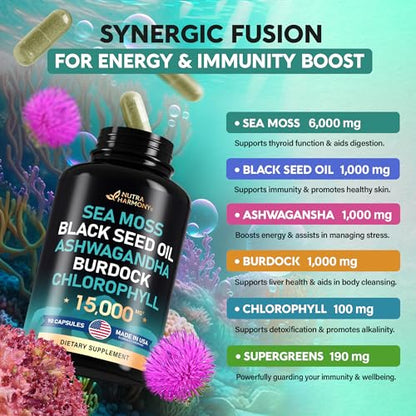 Irish Sea Moss | Black Seed Oil | Ashwagandha | Burdock | Chlorophyll | Supergreens NUTRAHARMONYUS supplements