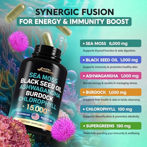 Irish Sea Moss | Black Seed Oil | Ashwagandha | Burdock | Chlorophyll | Supergreens NUTRAHARMONYUS supplements
