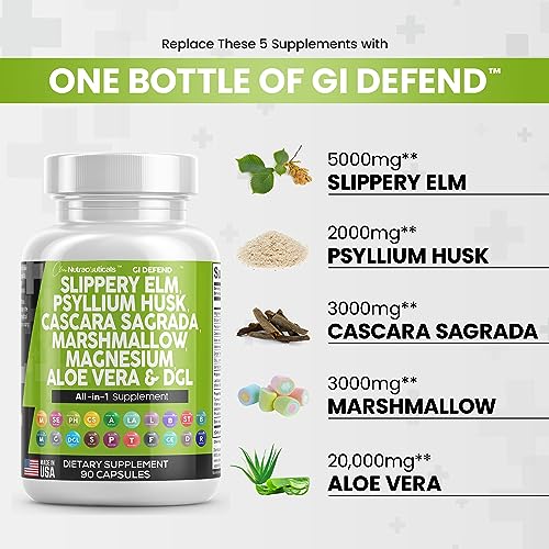 Slippery Elm 5000mg Psyllium Husk 2000mg Pre Probiotic Digestive Gut Clean NutraceuticalsUS supplements