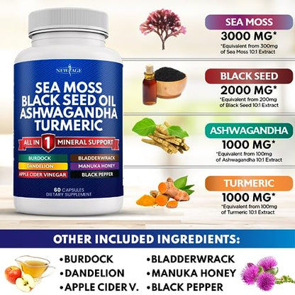 Silica Sea Moss 3000mg Black Seed Oil 2000mg Ashwagandha 1000mg Turmeric 1000mg NEW AGEUS supplements