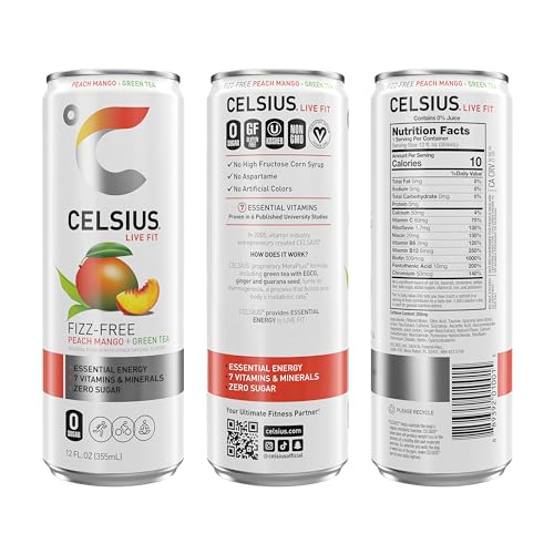 CELSIUS Peach Mango Green Tea, Functional Essential Energy Drink 12 Fl Oz (Pack of 12) CELSIUSUS supplements