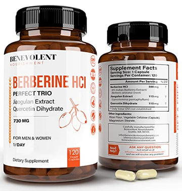 Premium Berberine HCL 730mg - 120 VCAPS Perfect Trio Complex with Non-GMO Jiaogulan Benevolent NourishmentAu supplements