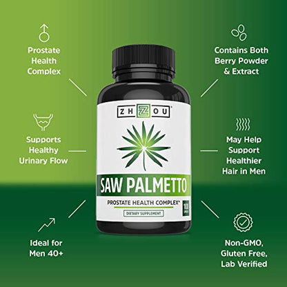 Zhou Nutrition Saw Palmetto Extract 500 mg, Prostate Health, Urinary Tract Support, DHT Zhou NutritionUS supplements