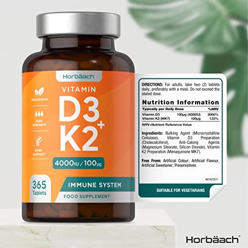 Vitamin D3 K2 High Strength Tablets | 365 Count | Vitamin D3 4000iu and Vitamin K2 MK7 HorbäachUS supplements
