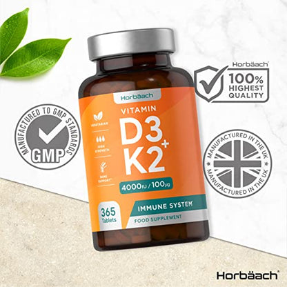 Vitamin D3 K2 High Strength Tablets | 365 Count | Vitamin D3 4000iu and Vitamin K2 MK7 HorbäachUS supplements