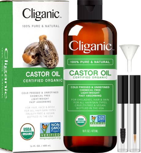 Cliganic USDA Organic Castor Oil, 100% Pure (16oz with Eyelash Kit) - For Eyelashes, Eyebrows, Hair & Skin CliganicAu supplements