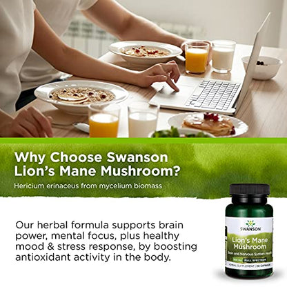 Swanson Lion's Mane Mushroom Capsules - 500 mg Each, 60 Capsules SwansonUS supplements