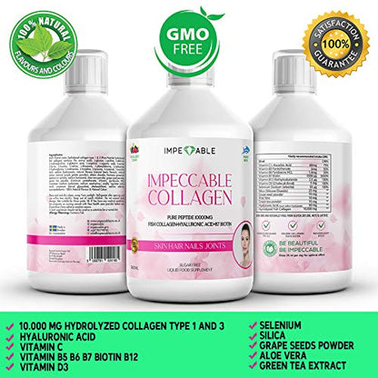 IMPECCABLE Collagen 10.000mg hydrolyzed Sugar Free Liquid Marine Collagen | Supplements for Women and Men ImpeccableUS supplements