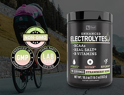 Enhanced Electrolyte Powder (Strawberry Kiwi | 90ct.) Sugar Free + BCAA, B-Vitamins Zeal NaturalsUS supplements