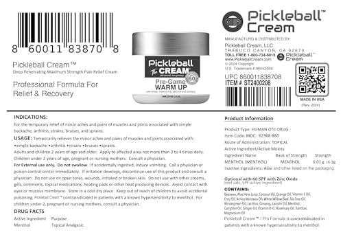 Pickleball Cream PRE-Game Warm UP SPF 60 Joint & Muscle Therapy Cream Grip Strength Pickleball Paddle Control Accurate Ball Shots Joints Muscles Metabolism Oxygen Pain Prevention Maximum Performance Pickleball CreamAu supplements
