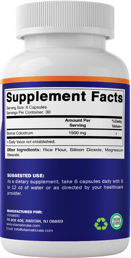 Vitamatic Bovine Colostrum 30% IgG Supplement 1500 mg per Serving - Supplement for Gut Health, Hair Growth, Beauty, Muscle Recovery, & Immune Support - 180 Veg Capsules VitamaticAu supplements