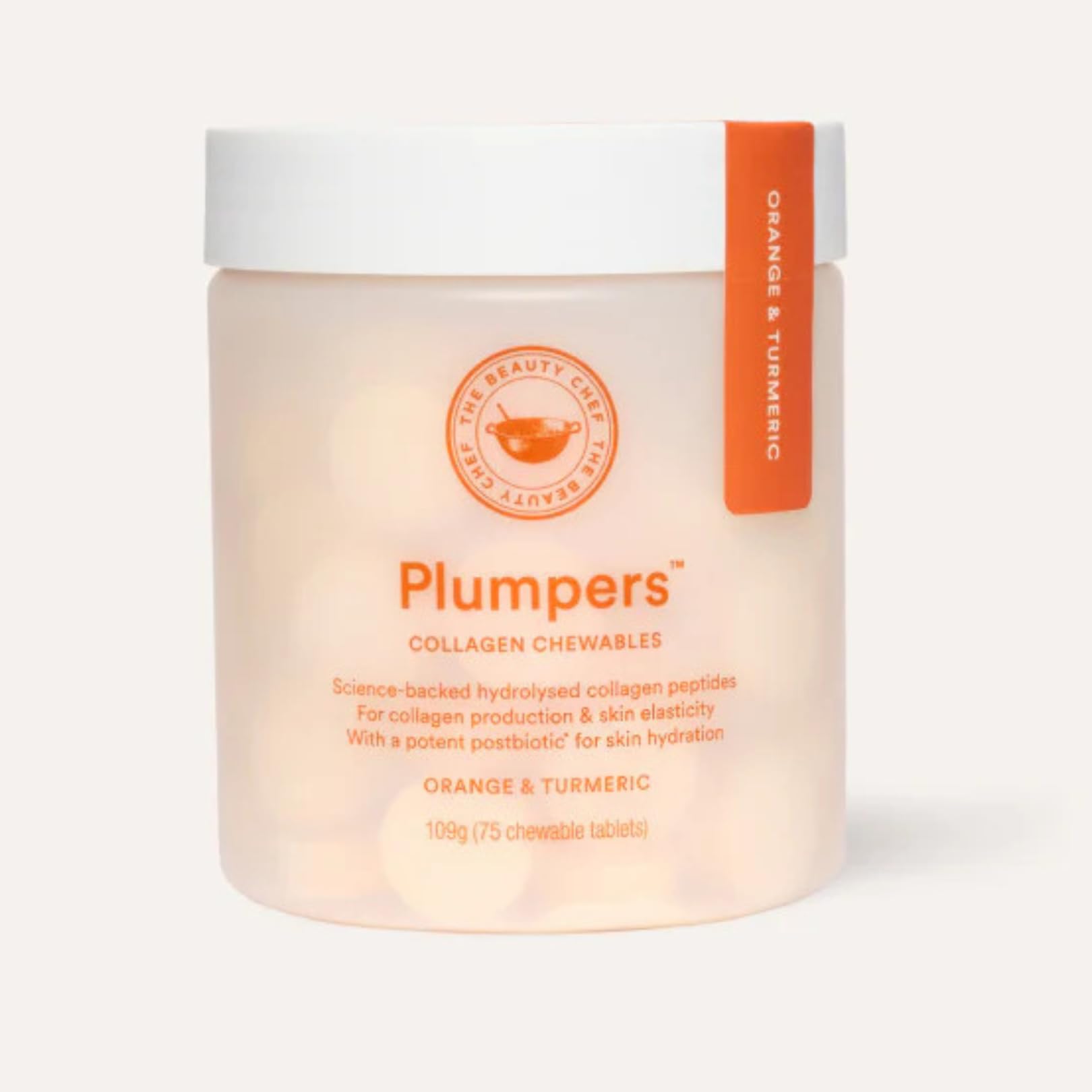 The Beauty Chef Plumpers™ Collagen Chewable Tablets with Hyaluronic Acid & Postbiotic, Supports Skin Elasticity & Collagen, Women's Multivitamin, Collagen Peptides, 75 Tablets (Orange & Turmeric) The Beauty ChefAu supplements