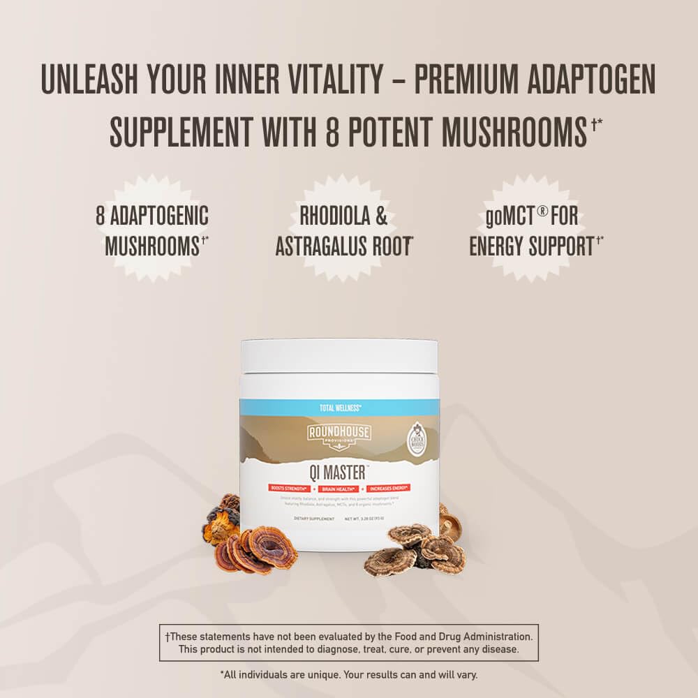ROUNDHOUSE PROVISION Qi Master Adaptogen Blend, Earthy Mushroom Flavor with Astragalus Root, Rhodiolife Extract, MCT, 8 Organic Mushrooms (30 Scoops) by Chuck Norris ROUNDHOUSE PROVISIONAu supplements