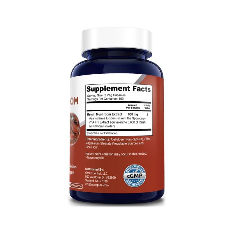 NusaPure Reishi Mushroom 4:1 Extract, 900 mg Equivalent to 3,600mg per Capsule 200 Veggie Caps Vegan, Non-GMO, Gluten-Free NusaPureAu supplements