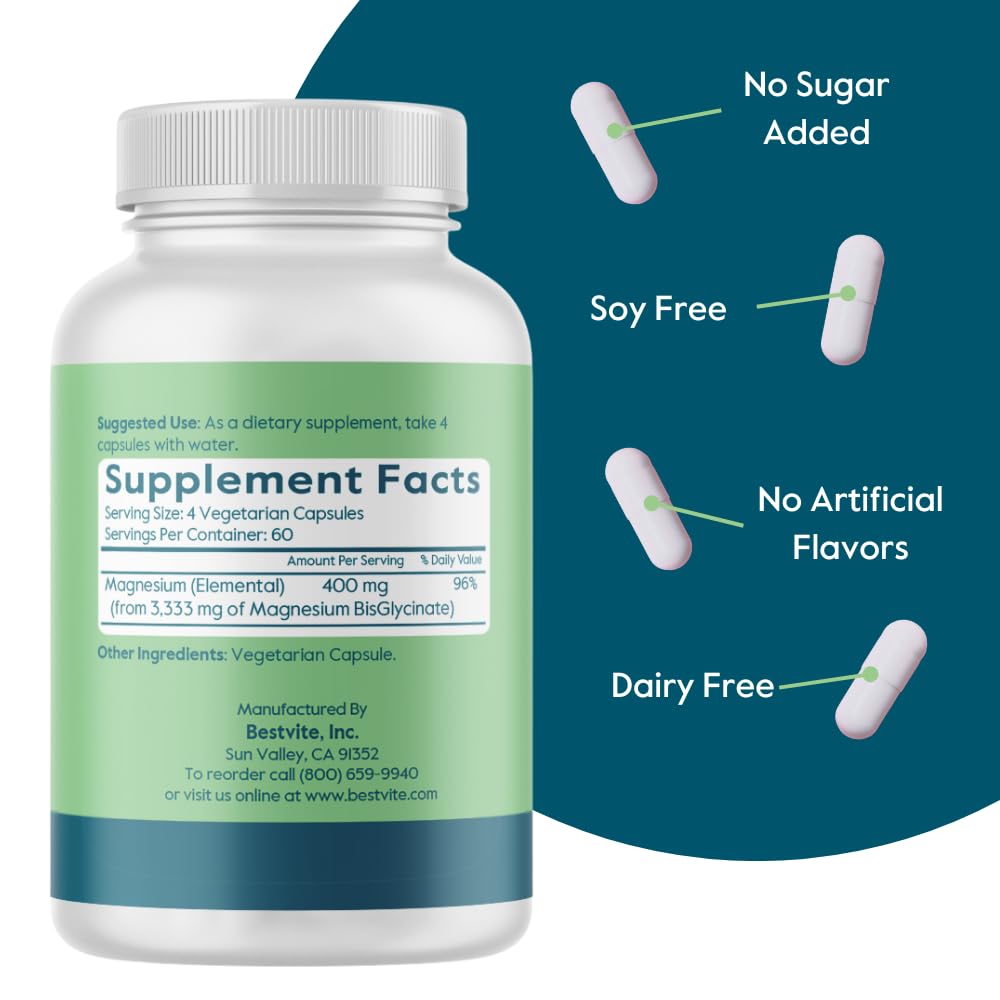 BESTVITE Filler-Free Magnesium Glycinate - 400mg of Magnesium per Serving (240 Veg Caps)- Chelated Bisglycinate for Muscle, Relaxation, Stress & Sleep Support* - For Men & Women - No Stearates - Vegan BESTVITEAu supplements