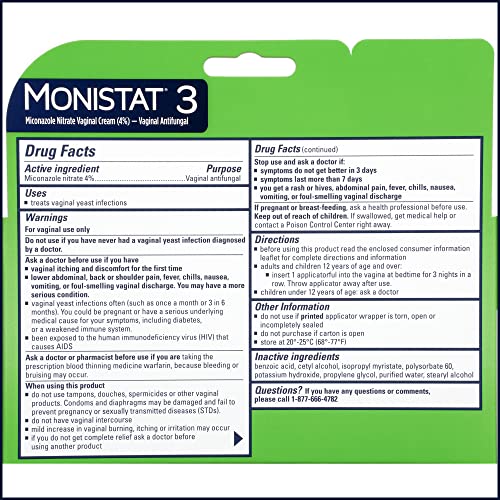 Monistat 3 Day Yeast Infection Treatment for Women, 3 Miconazole Pre-Filled Cream Applicators, 1 Pack MonistatAu supplements