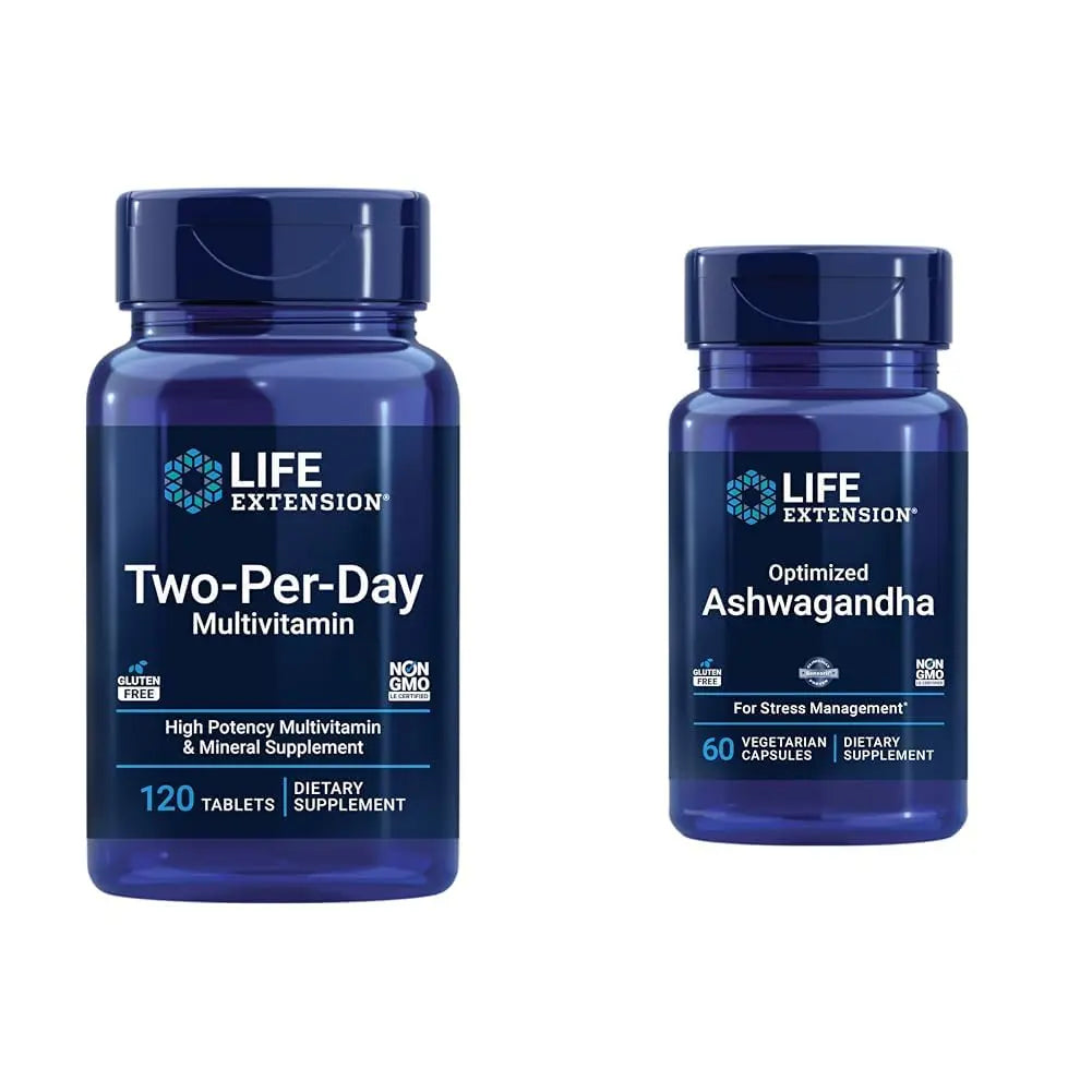 Life Extension Two-Per-Day 120 Tablet Multi-Vitamin & 60 Capsule Optimized Ashwagandha Stress Relief Supplement Bundle Life ExtensionAu supplements