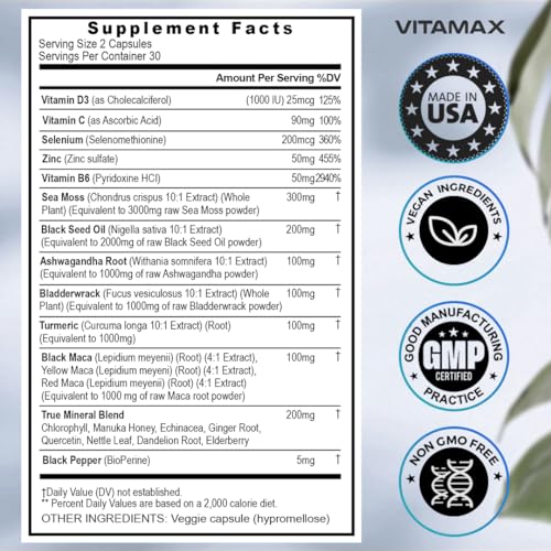 Sea Moss 3000mg Maca 1000mg Black Seed Oil 2000mg Ashwagandha 1000mg Bladderw VitamaxUS supplements