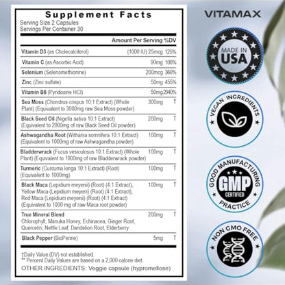 Sea Moss 3000mg Maca 1000mg Black Seed Oil 2000mg Ashwagandha 1000mg Bladderw VitamaxUS supplements