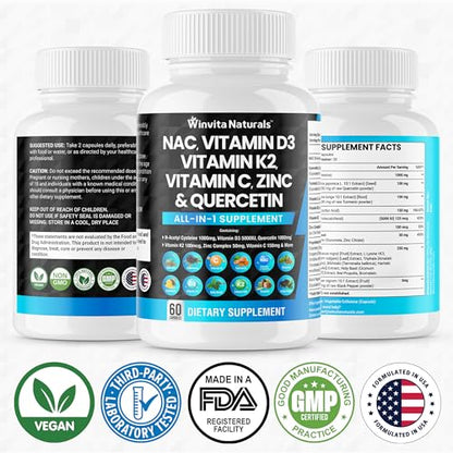 NAC Supplement N-Acetyl Cysteine 1000mg Vitamin C Vitamin D3 K2, Zinc, Turmeric Curcumin Winvita NaturalsUS supplements