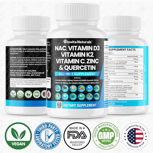 NAC Supplement N-Acetyl Cysteine 1000mg Vitamin C Vitamin D3 K2, Zinc, Turmeric Curcumin Winvita NaturalsAu supplements