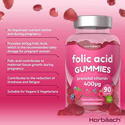 Folic Acid Gummies 400 mcg | 90 Count | Natural Berry Flavour | High Strength Prenatal HorbäachUS supplements
