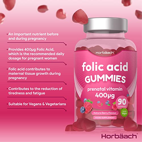 Folic Acid Gummies 400 mcg | 90 Count | Natural Berry Flavour | High Strength Prenatal HorbäachUS supplements