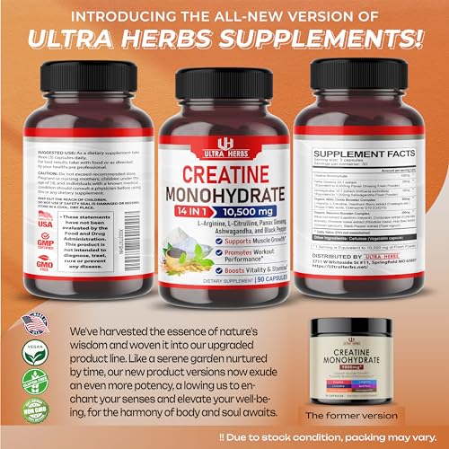 Ultra Creatine Pills Muscle Growth 9800mg Creatine Monohydrate Capsules w Ginseng ULTRA HERBSUS supplements