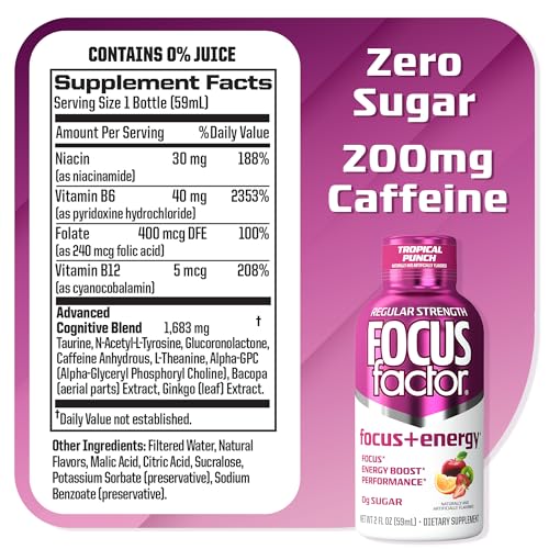 Focus Factor Focus + Energy Shots - 12 x 2oz Bottles (Tropical Punch Flavor) - Powered by Nootropics with Caffeine, L-Theanine, Ginkgo, Bacopa, L-Tyrosine, Alpha GPC Focus FactorAu supplements