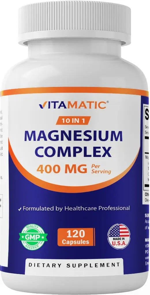 Vitamatic Magnesium Complex, 400mg Elemental MG (as Bisglycinate, Citrate, Taurate, Malate, Aspartate, Oxide, Gluconate, Lysinate Glycinate, Orotate, Succinate) – 120 Capsules VitamaticAu supplements