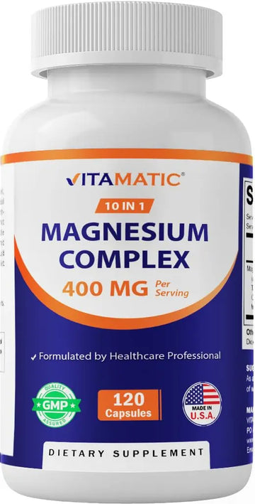 Vitamatic Magnesium Complex, 400mg Elemental MG (as Bisglycinate, Citrate, Taurate, Malate, Aspartate, Oxide, Gluconate, Lysinate Glycinate, Orotate, Succinate) – 120 Capsules VitamaticAu supplements