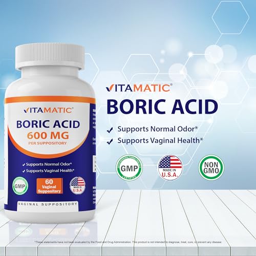 Vitamatic Boric Acid Vaginal Suppositories 600 mg USP Grade Boric Acid in Vegetarian Capsule Shell - 60 Count VitamaticAu supplements