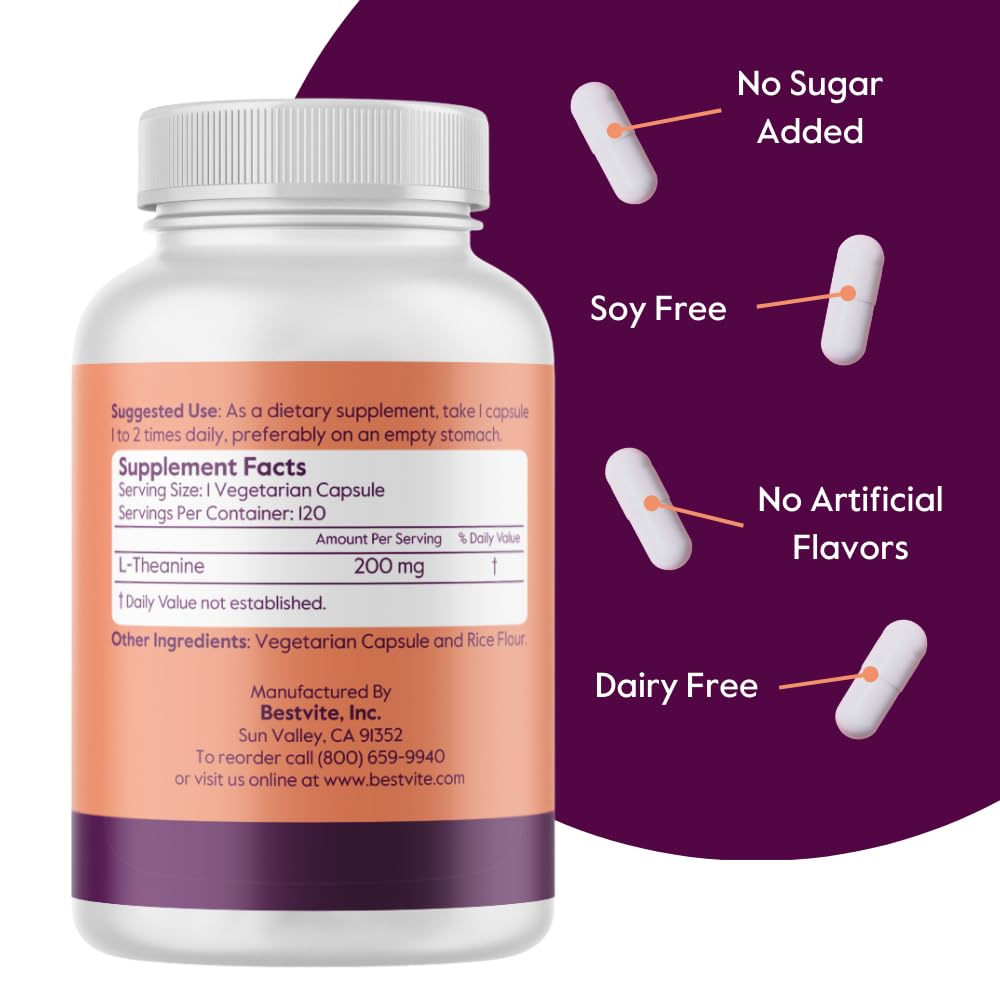 BESTVITE L-Theanine 200mg (120 Vegetarian Capsules) - No Stearates - Vegan - Non GMO - Gluten Free BESTVITEAu supplements