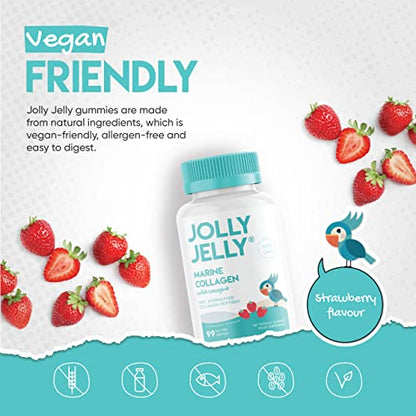 Marine Collagen Gummies by Jolly Jelly® - Wild-Caught Marine Collagen Tapioca Gummies - Type 1 Hydrolysed Collagen - Strawberry Flavour - 60 Gummies. JOLLY JELLYUS supplements