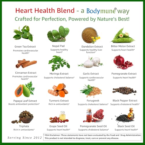 Bodymune Heart Health Blend Cholesterol Support – Organic Cardiovascular & Circulation Supplement – with Green Tea, Pomegranate & Black Seed Oil – 66 Capsules – USDA Organic, Vegan BodymuneAu supplements