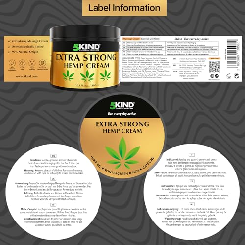 5kind Extra Strong Hemp Cream 10.1 fl oz - Maximum Strength - Natural Topical Cream - Muscle Rub for Lower Back, Joints, Neck, Knees, Shoulders 5kind clinical skincareAu supplements