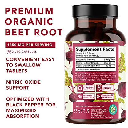 USDA Plant.O Premium Organic Beet Root Tablets [1350mg Beets Powder] with Black Pepper PLANT.O NUTRITIONUS supplements