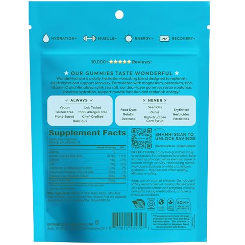 Plant People WonderHydrate Electrolyte Gummies – Vegan Hydration Supplement with Magnesium, Potassium, Zinc, Vitamin C & Himalayan Sea Salt – Zero Sugar Lychee (42 Count) Plant PeopleAu supplements