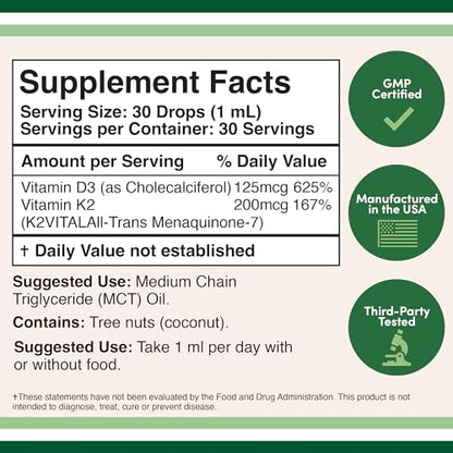 Vitamin D3 K2 5,000 IU Liquid Drops (5,000 IU of D3 and 200mcg of 99.9% All-Trans Double Wood SupplementsUS supplements